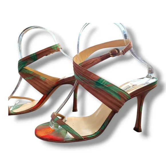 Jimmy Choo Green, Orange& Brown Tropical Ankle Elegant Stiletto Buckle Heels - Picture 3 of 12